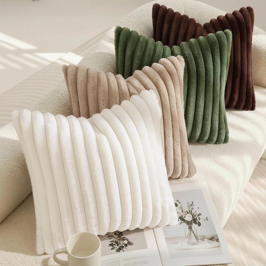 Summer Cozy Faux Fur Throw Pillow Covers 12x20 Set of 2 Decorative Soft Plush Striped Lumbar Modern Farmhouse Boho