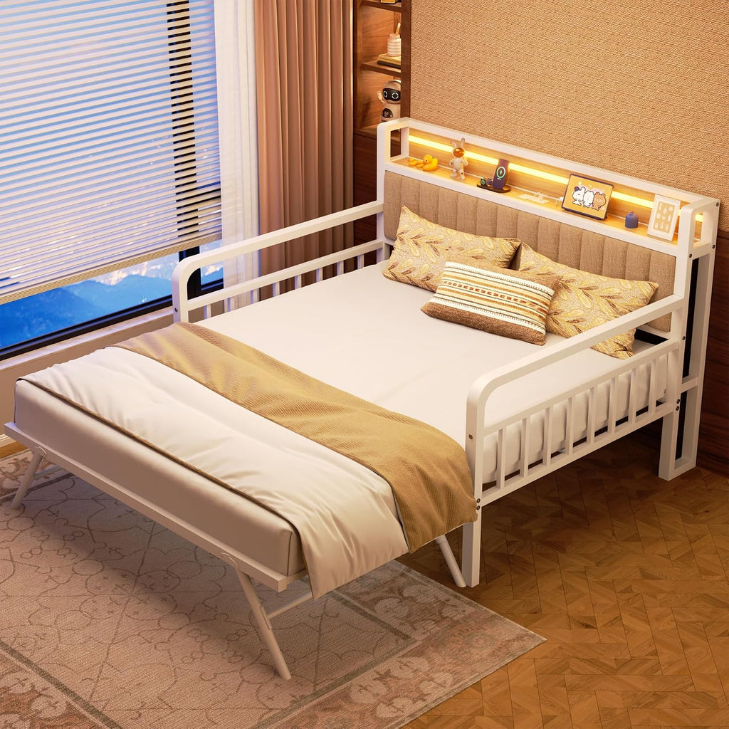 Daybed with Trundle and LED Light, Heavy Duty Metal Full Bed Frame with Upholstered Storage Headboard & Charging