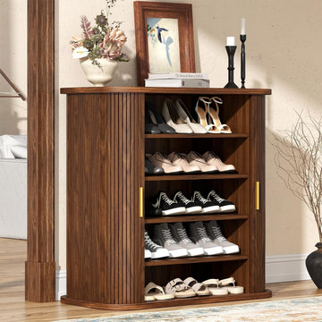 Shoe Storage Cabinet with Sliding Doors, 5-Tier Wood Shoe Cabinet , Adjustable Shelves Freestanding Shoe Organizer