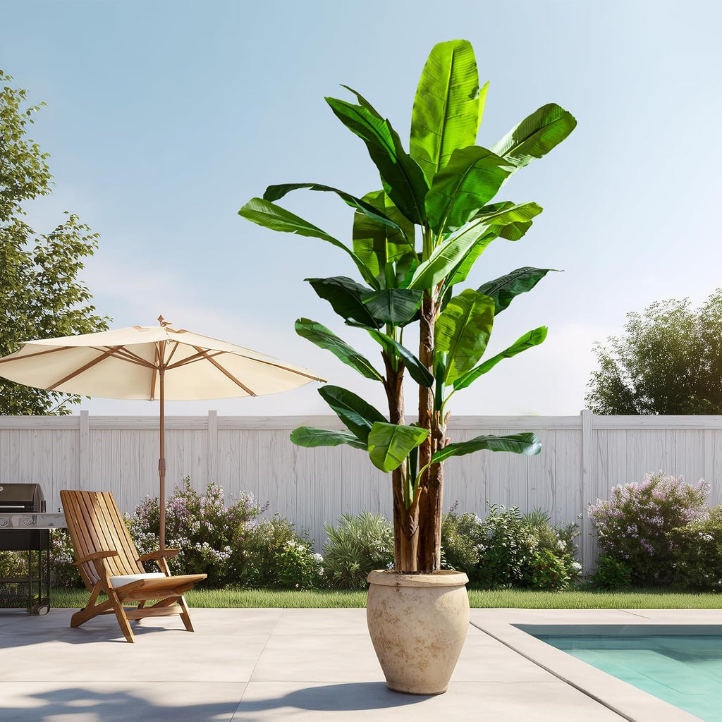 Banana Tree 9ft, Faux Tropical Palm Tree Plant with Realistic Leaves, Low Maintenance Indoor Outdoor Decor Porch, Pot