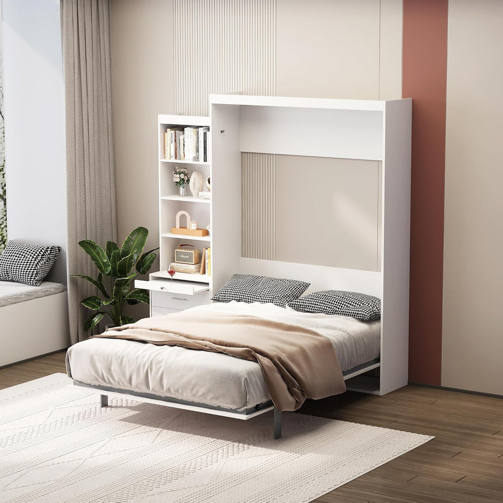 Full Murphy Bed, Morden Full Vertical Murphy Bed Frame with Shelf and Drawers, Wall Bed Hidden Bed Gas Struts, White