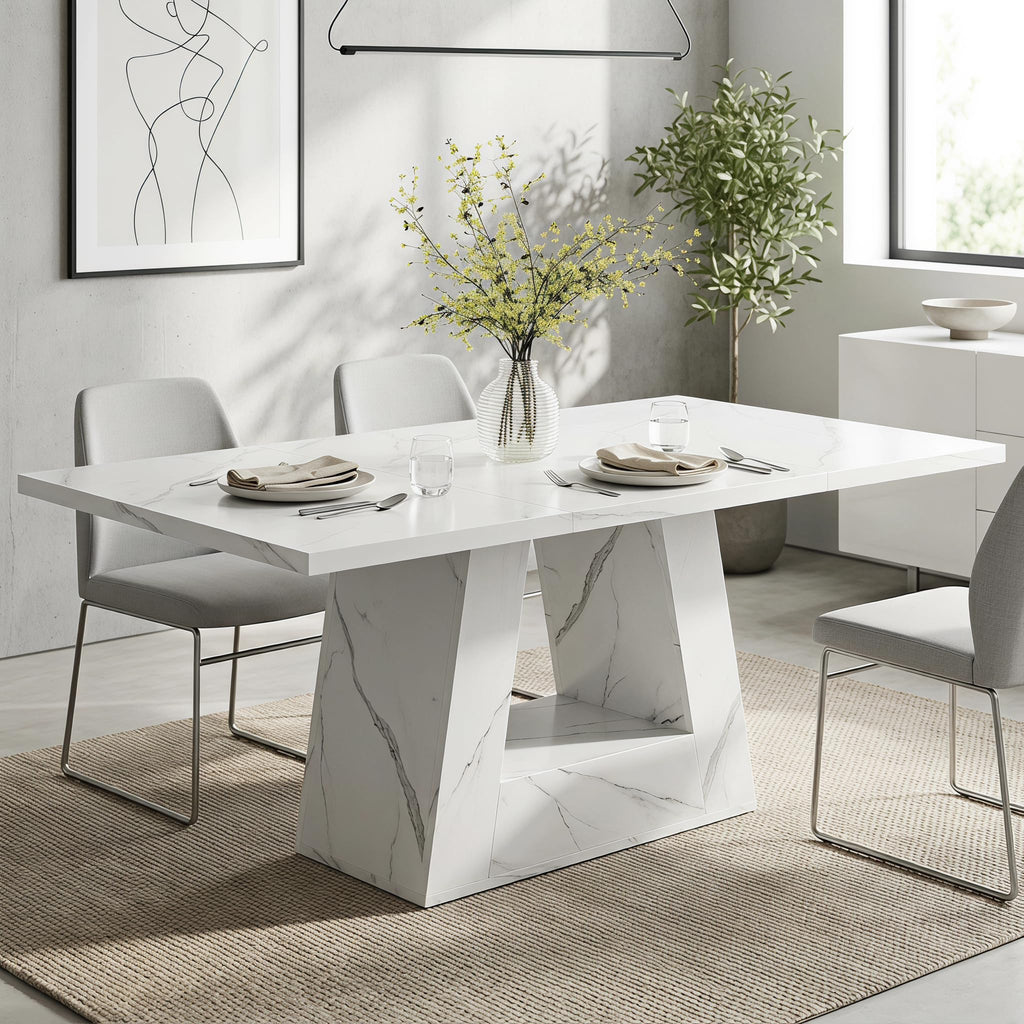 63" Modern Faux Marble Dining Table for 6, Rectangle, White
