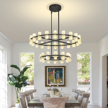 Inspired Arcachon Style 2-Tier Round Wagon Wheel Chandelier, 32" + 40" 72-Light Black — Foyer, Great Room & Dining