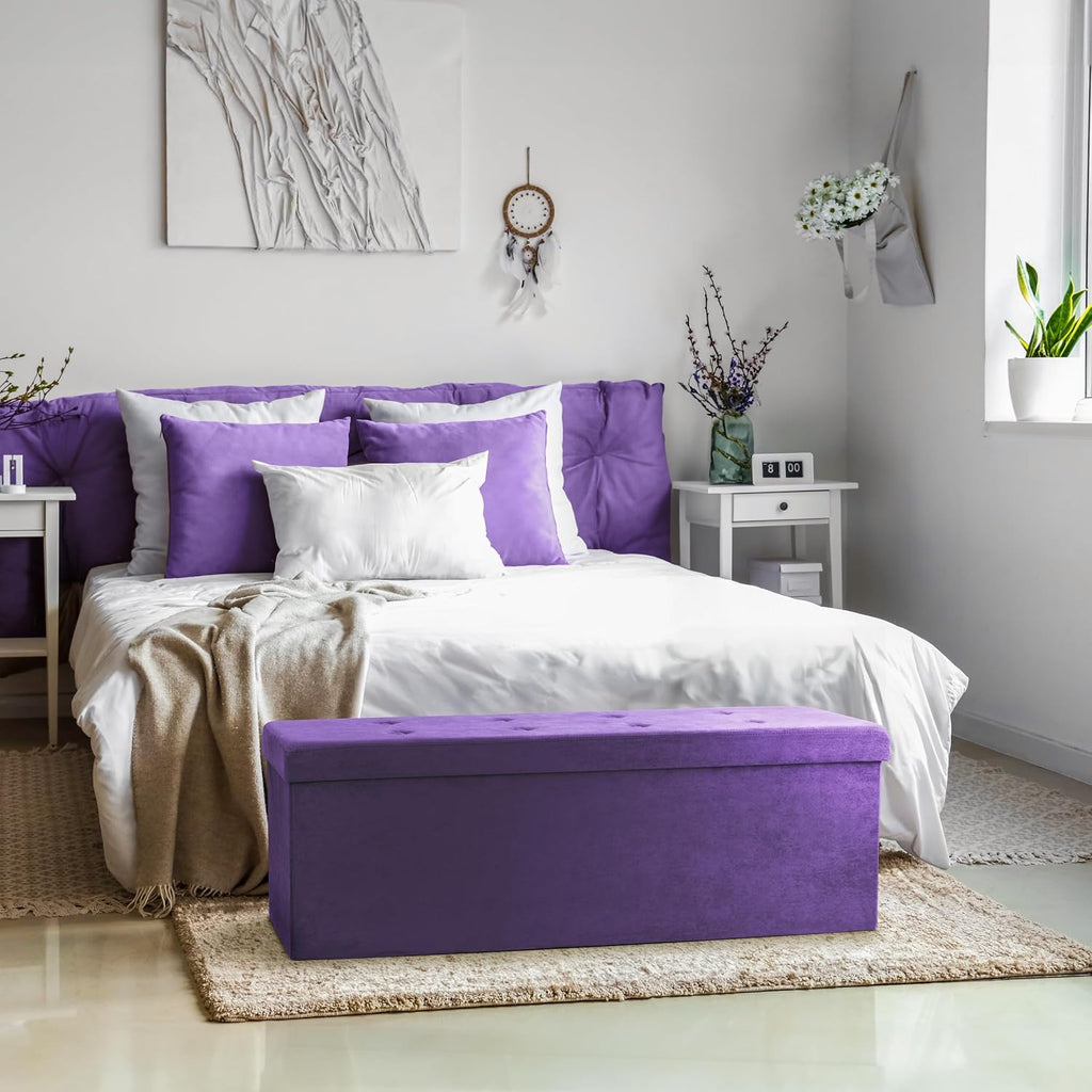 Storage Ottoman Bench - 43 in Purple Toy Box , End of Bed, Bedroom Bench Large Folding Chest Seat Trunk Blankets
