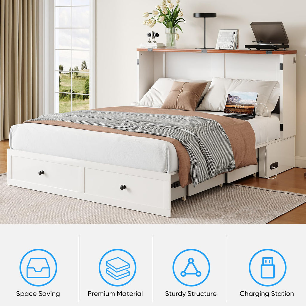 Murphy Bed Queen with Mattress Included, Farmhouse Frame Cabinet Beds Chest with Charging Station & Storage Drawers
