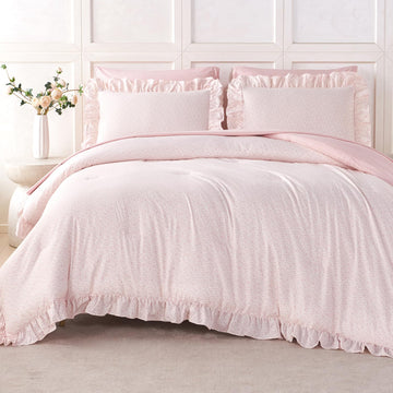 Pink Ruffled Floral Comforter Set, 7 Pieces Bed-in-a-Bag
