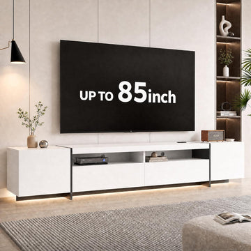 Modern 80 inch TV Stand for 75" 80" Up to 85" TV, LED TV Media Console with Power Outlets, Entertainment Center with Large Storage Cabinet for Living Room, White