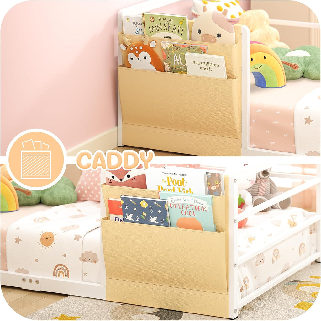 Floor Bed for Kids, White | Safety Guardrails, Montessori Bed Frame, Bedside Caddy, Suitable