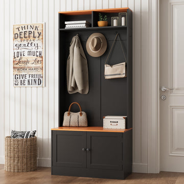 Entryway Hall Tree with Bench and Storage, 5-in-1 Farmhouse Coat Rack with 7 Hooks, Bench with Coat Rack with Storage