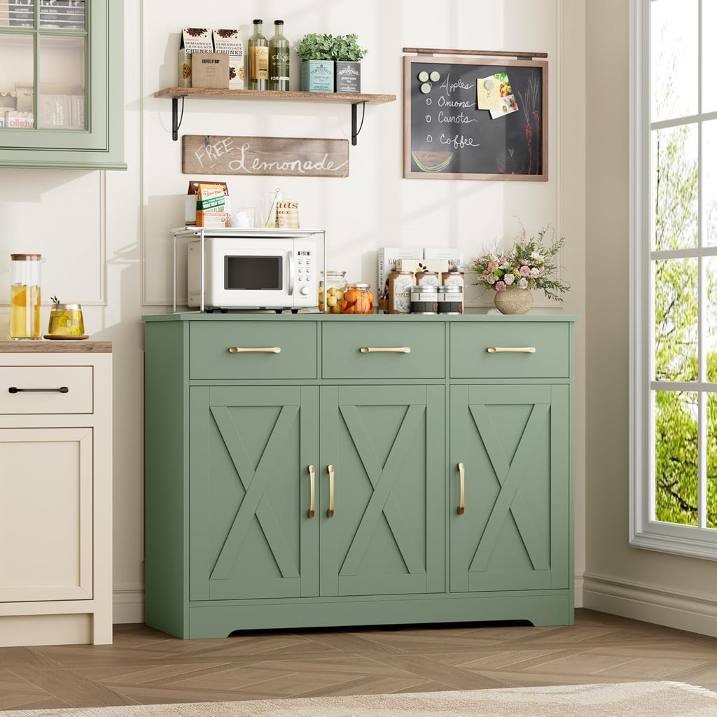 Modern Farmhouse Buffet Sideboard Cabinet, Barn Doors Storage Cabinet with Drawers and Shelves