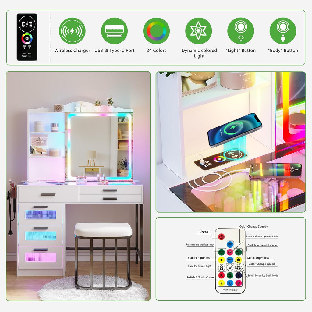 Vanity Desk with Sliding Mirror and Glass Desktop, LED Vanitys Mirror with RGB Lights Desk and Chair, Dressers Table