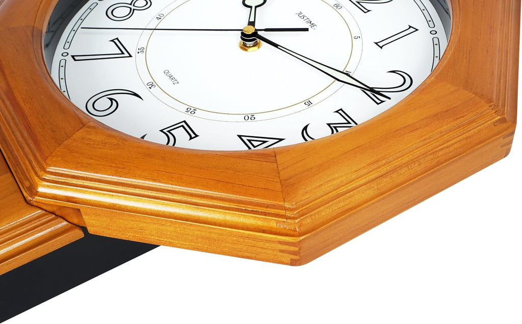 Traditional Luminous Schoolhouse Solid Wood Pendulum Wall Clock Chimes Hourly with Westminster Melody Chime Made in Taiwan (Natural Wood...