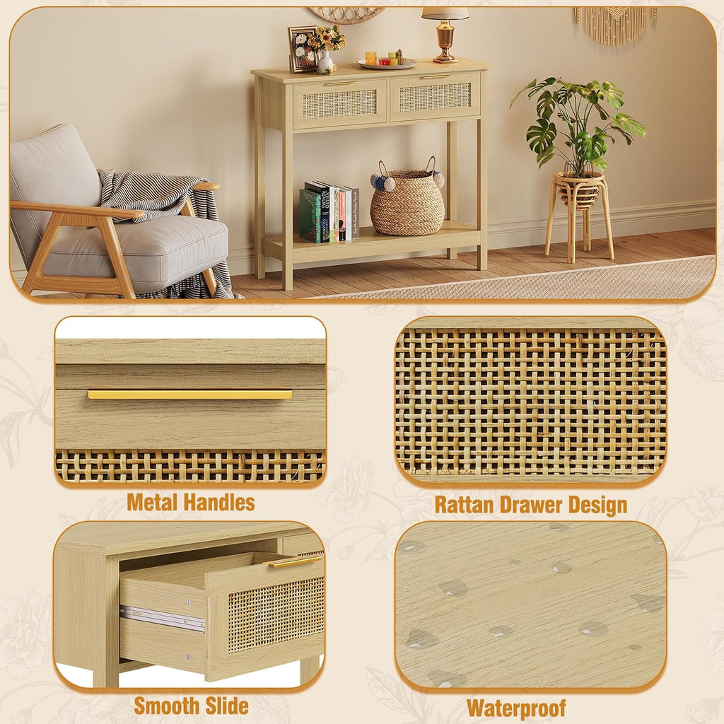 Farmhouse Rattan Console Table with 2 Drawers 2 Tier Boho Narrow Long Sofa Table Natural with Open Storage Shelf Wood