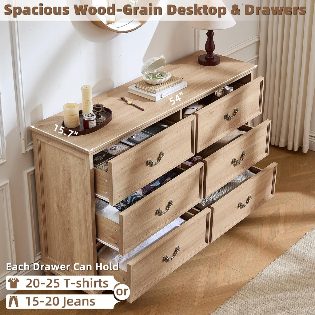 Farmhouse 6 Drawers Dresser , Vintage 54" Wide Chest of Drawers w/ 4 Wooden Legs, Rustic Large Closet Storage