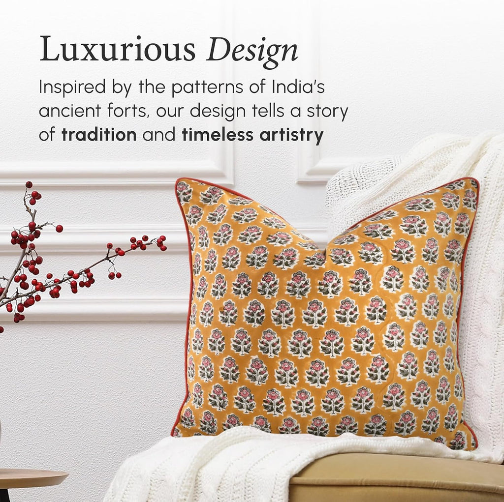 100% Cotton Throw Pillow Covers 20x20 Inch, Set of 2 Yellow Block Print Pattern Couch Pillow, Cute Boho