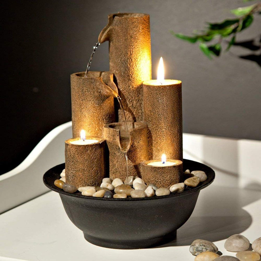 Indoor Tabletop Tiered Water Fountain Featuring 3 Candles for Desktop and Table, 11", Brown