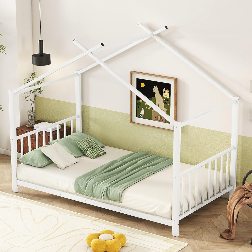 Twin Size Kids Montessori Floor Bed,Houe Bed Frame with High Headboard,Twin Floor Bed with Roof for Boys Girls,Floor
