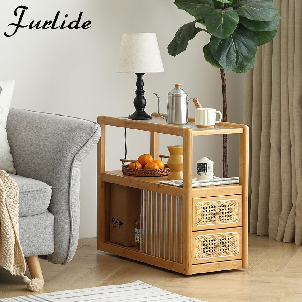 Rattan Nightstand Side Table with Storage, Bamboo Nightstand Bedside Table, Glass Mid Century Modern End Tables for