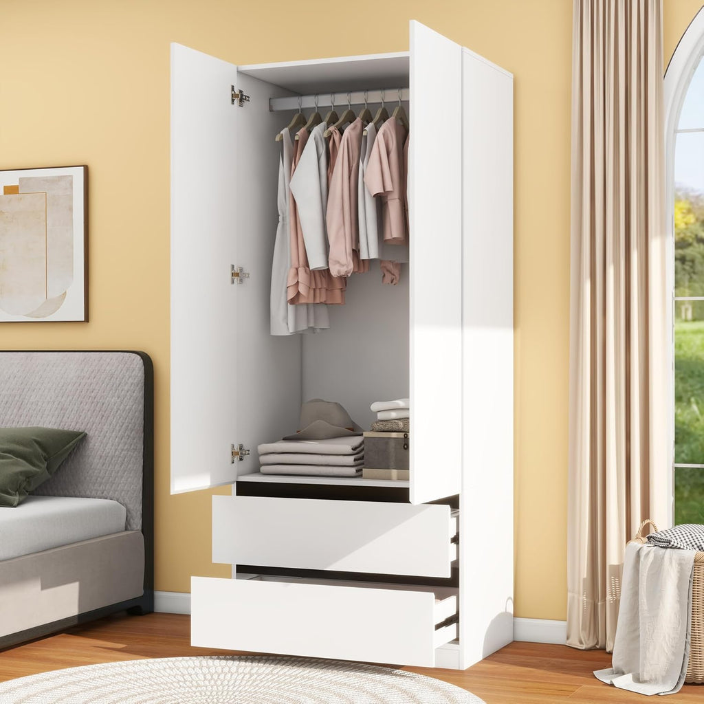 White Wardrobe Closet with Doors: 75" Large Capacity Bedroom Armoire, Wooden Cabinet with 2 Drawers, Hanging Storage
