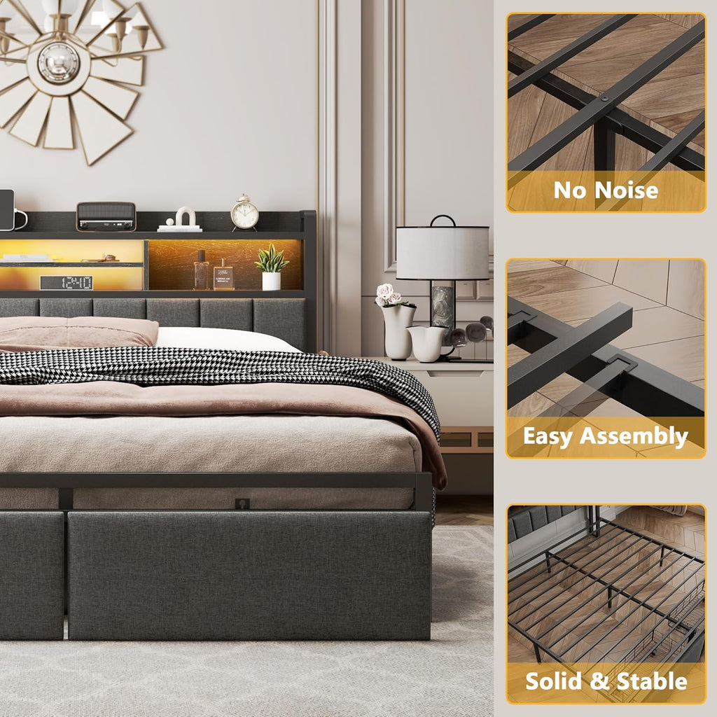 Queen Bed Frame with Storage Drawers, Upholstered Headboard with LED Light & Charging Station