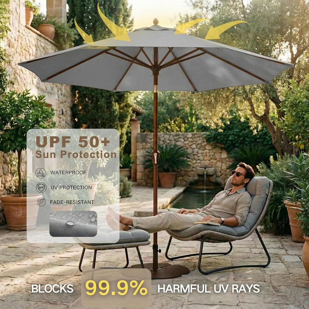 9FT Outdoor Patio Umbrella, Round Market Table Umbrella with Push‑Button Tilt and Crank Lift, 8 Sturdy Metal Ribs