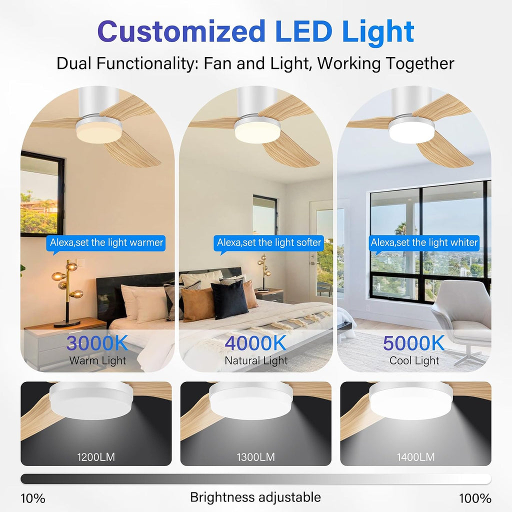 42 Inch Smart Ceiling Fans with Lights Remote,Low Profile Ceiling Fan Control with WIFI Voice Alexa App