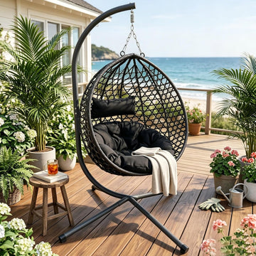 PE Rattan Hanging Egg Chair with Stand, Outdoor Folding Hammock Swing Chair Balcony Backyard Bedroom, Heavy Duty