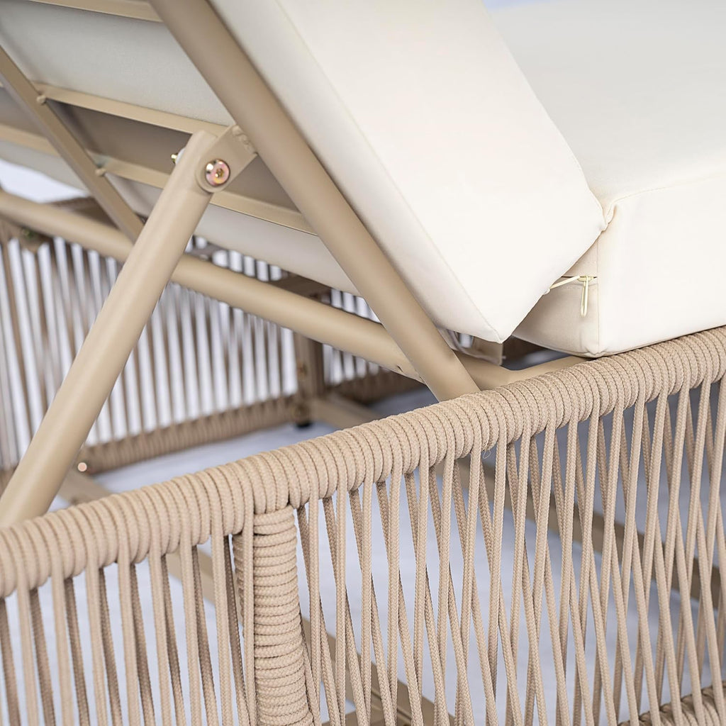 Patio Chaise Lounge with Woven Rope Base, Adjustable Sunlounge Without Cushion, Beige and White