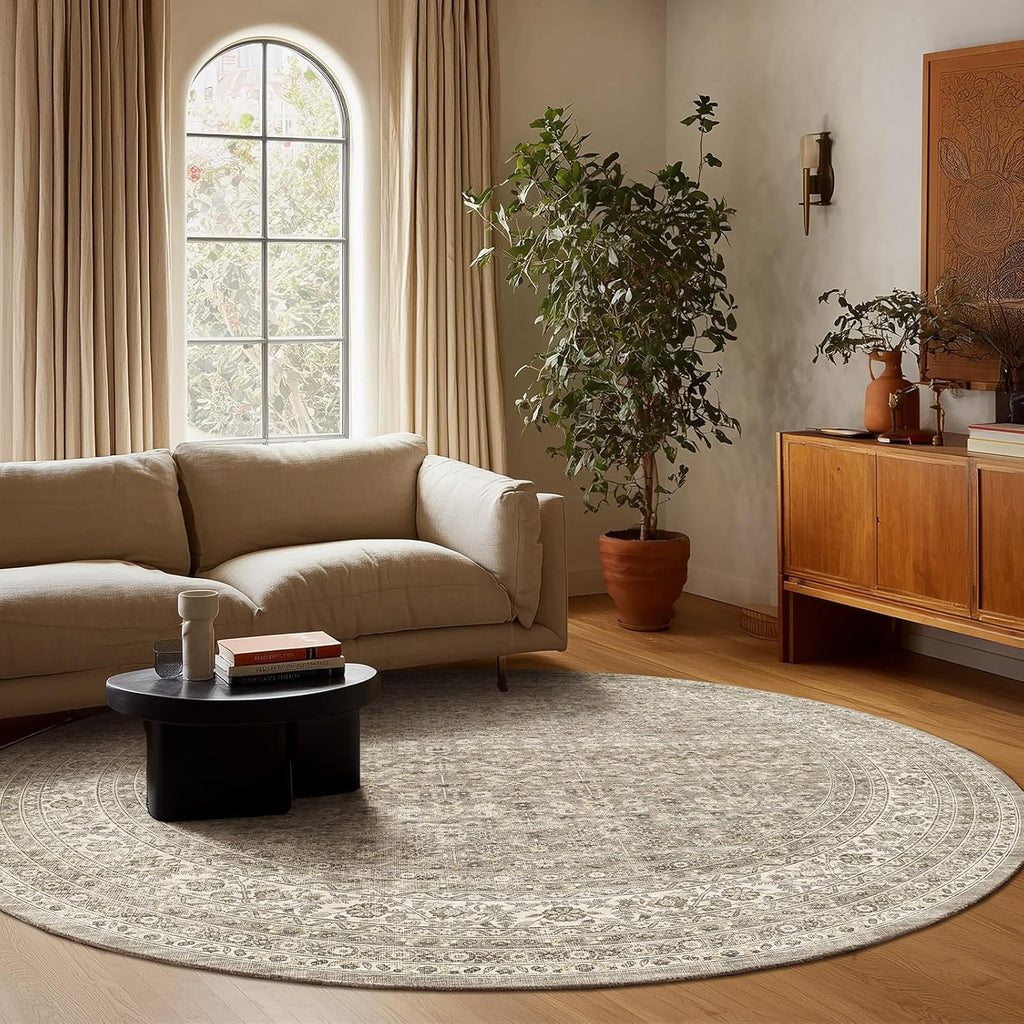 6ft Washable Round Rugs for Bedroom: Circle Living Room Rug Vintage Non Slip Low Pile Soft Faux Wool
