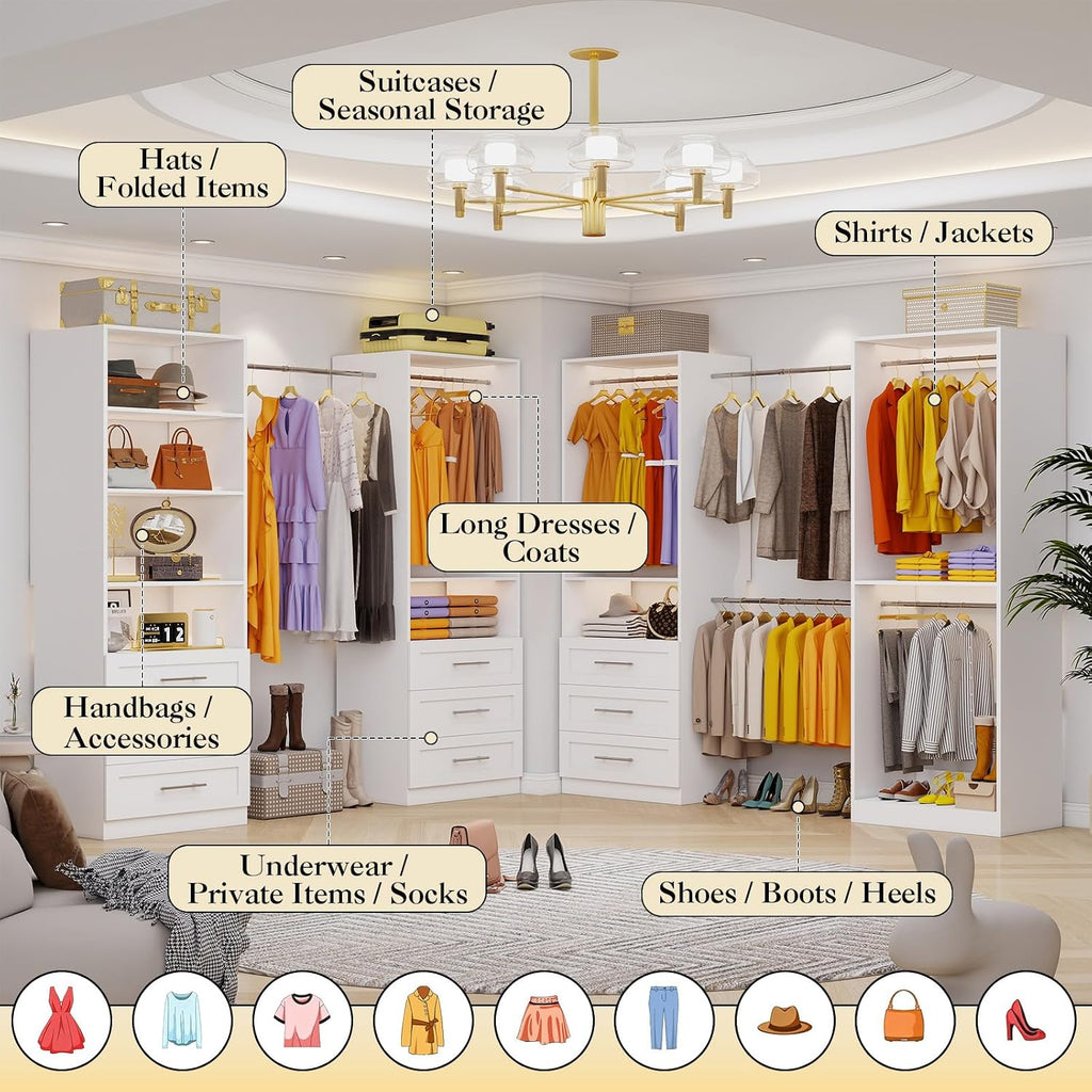 Closet System with 4 Sets, 8-21FT Closet Organizer System with 9 Drawers & 6 Shelves & 8Hanging Rods, Custom L-Shaped