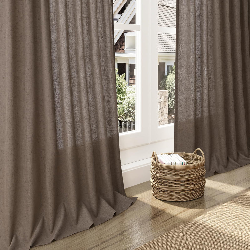 Light Brown Linen Curtains 96 Inches Long Back Tab Vintage Rustic Farmhouse Light Filtering Curtain Burlap Textured