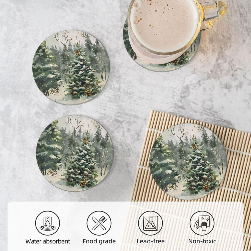 Winter Christmas Tree Coasters for Drinks Red Bell Absorbent Ceramic Coaster Set of 4 for Coffee Table Cup Bar