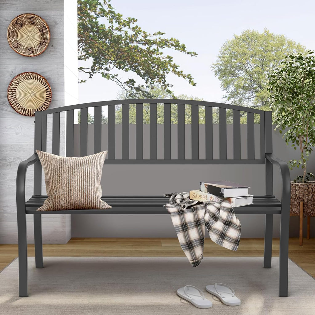 50'' Outdoor Bench Weatherproof, Cast Iron All Metal Frame Garden Bench, Anti-Rust Patio Park Bench Clearance for