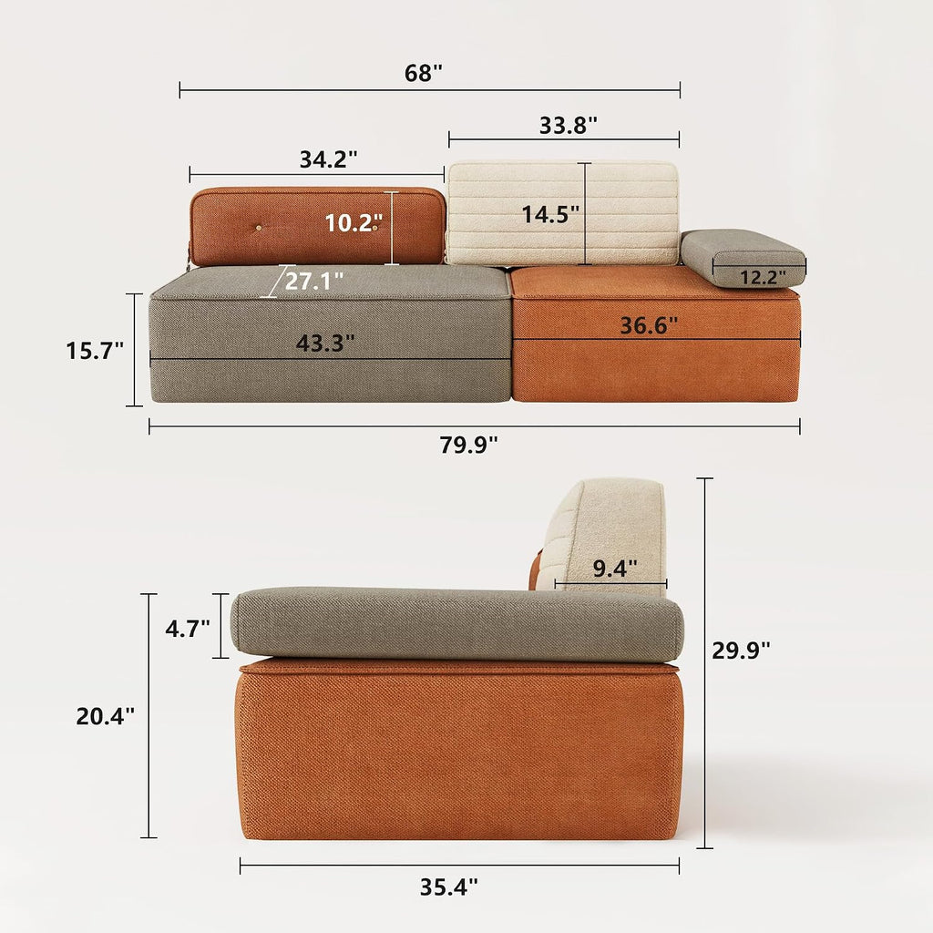 Mid-Century Modern Modular Sectional Sofa, 79.9" Width Multi Color Fabric Upholstered Couch, Versatile Living Room &