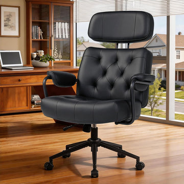 Mid Century Modern Home Office Desk Chair, Ergonomic Big and Tall, High Back Executive Leather Extra Wide, Computer