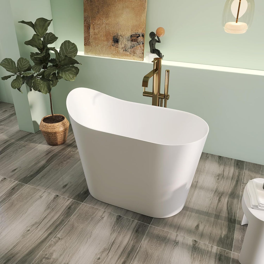 43" Premium Japanese Solid Surface Free Standing Bathtubs, Unique Small Matte White Stone Resin Soaking Tub with