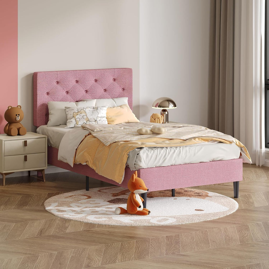 Kids Twin Upholstered Platform Bed with Tufted Headboard, Pink | No Box Spring Needed and Easy to Assemble for Kids'