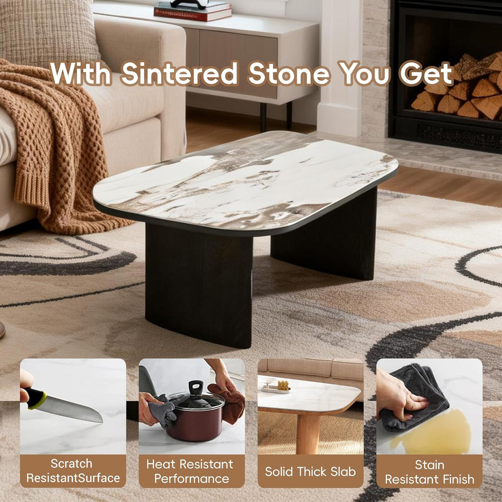 Luxury Marble Coffee Table, Premium Sintered Stone Top, Natural Wood Look Base, Modern Design Stone Cocktail Table, Ma