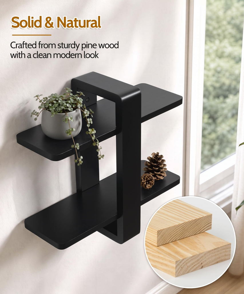Black Floating Shelves for Wall, 2 Tier Adjustable Shelf Unit