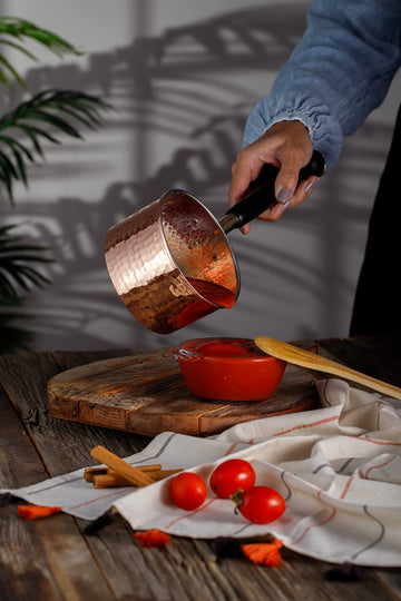 Copper Saucepan, 1mm Thick Solid Uncoated Copper, Wooden Handle, Tin Lined, 100% Handmade in Turkey (0.8