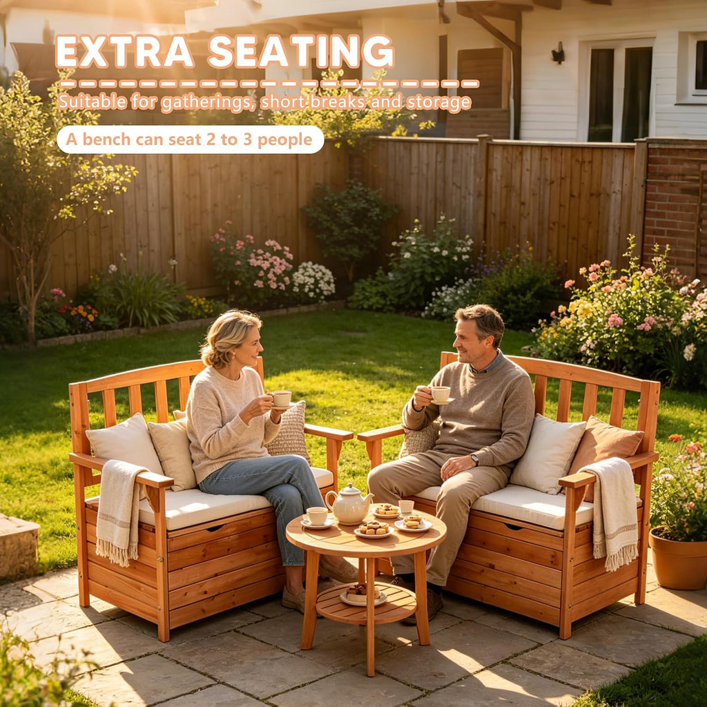 80 Gallon Outdoor Storage Bench Deck Box, Wooden Patio Bench with Armrests & Inner Removable DustProof Lining for