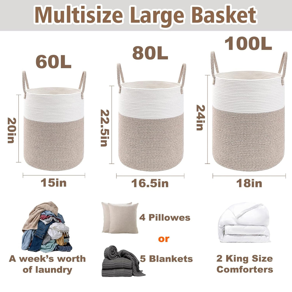 100L Cotton Rope Laundry Basket Hamper, Brown | Collapsible Laundry Basket, Reinforced Handles, Freestanding, Machine