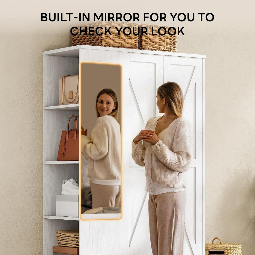 Armoire Wardrobe Closet 70 Inches, Large Storage with Mirror, 2 Doors, Drawer, and Shelves, Modern Bedroom