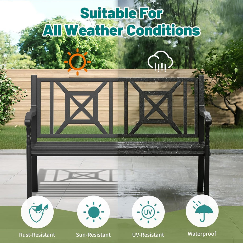 Metal Bench Patio Bench, Outdoor Benches Weatherproof with Lattice Backrest, Wrought Iron Garden Benches for