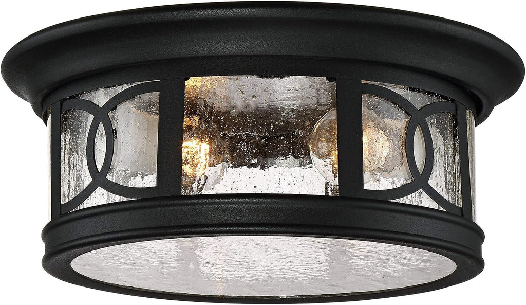 Capistrano Mission Flush-Mount Outdoor Ceiling Light Fixture Black 12" Seedy Glass Damp Rated for Exterior House