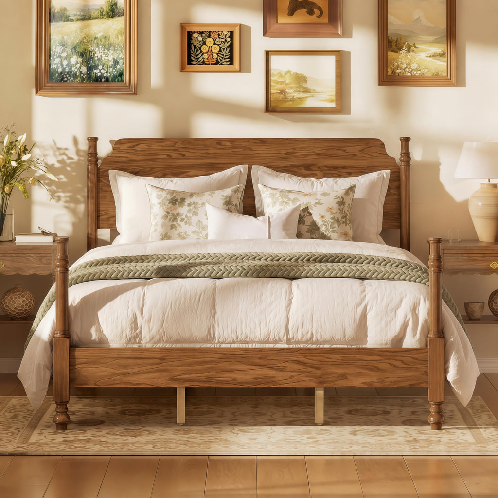 Vintage Wood Spindle Queen Bed Frame with Headboard, Light Walnut
