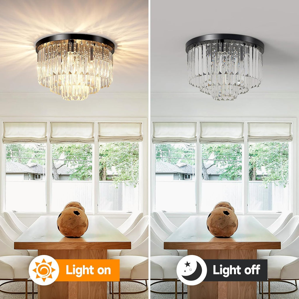 16" Black Crystal Chandelier Ceiling Light, Flush Mount 5-Lights 3-Tier K9 Crystal Round Chandelier Light for Dining