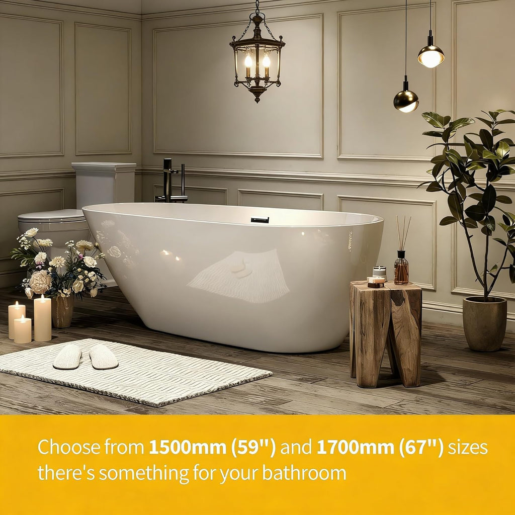 67" Deep Soaking Bathtub, Non-Slip Acrylic Tub with Chrome Drain, cUPC Certified, Ergonomic Modern Bath for Bathrooms