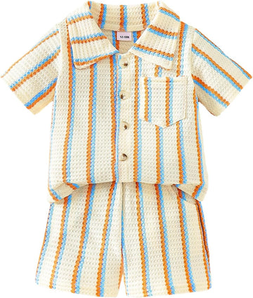 Baby Boy Clothes Toddler Summer Outfits Short Sleeve Striped Button-down T-Shirt Shorts with Pocket