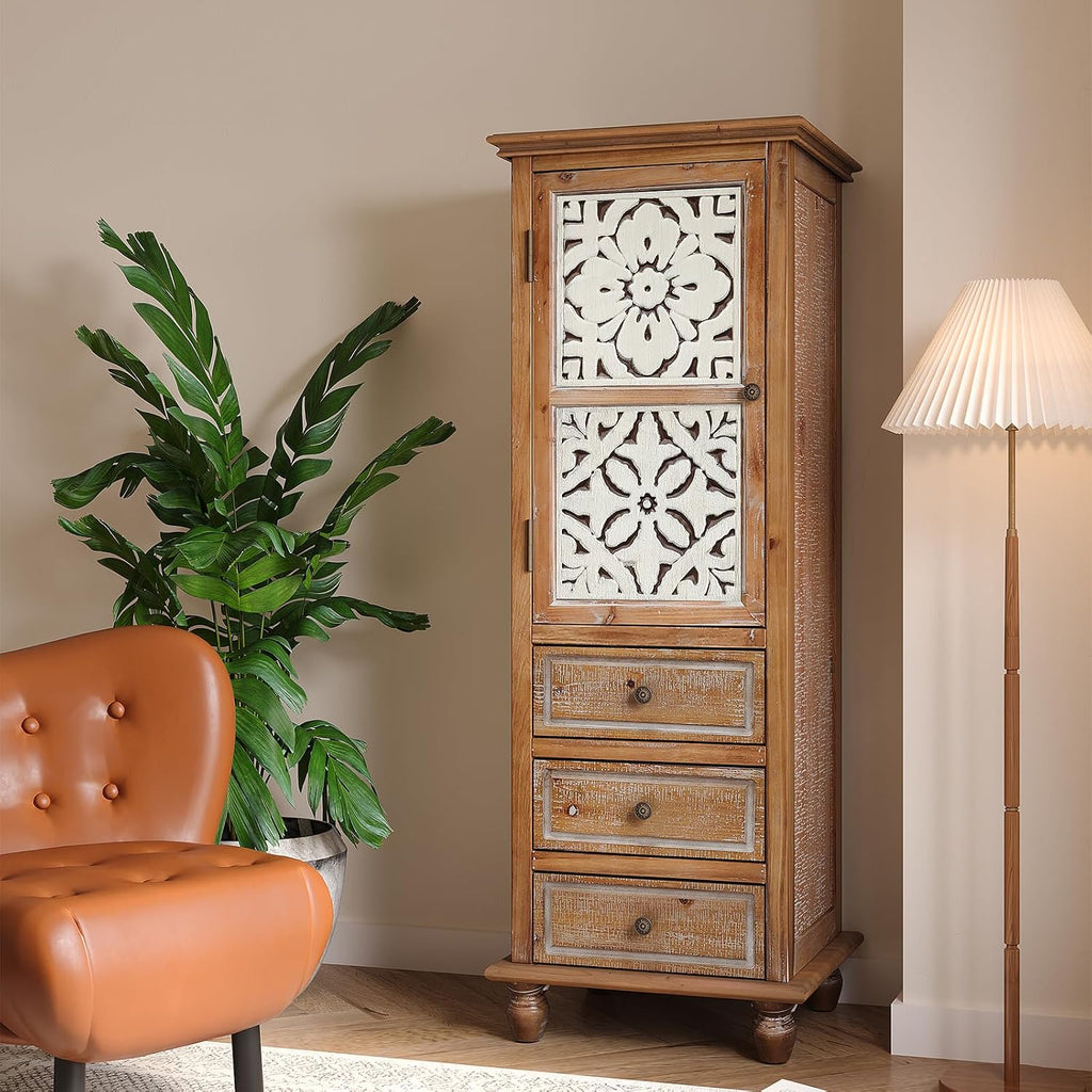 Solid Wood Tall Accent StorageCabinet,Narrow Carved Sideboard Buffet | Fir Wood 54" Tall Narrow Accent Storage